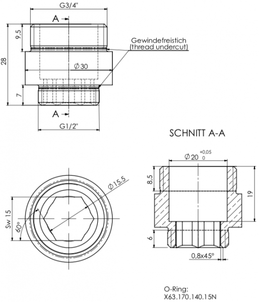 Gewindenippel zu Standfuß gerade für RV 1/2" AG mit O-Ring x 3/4" AG Ø20 mm