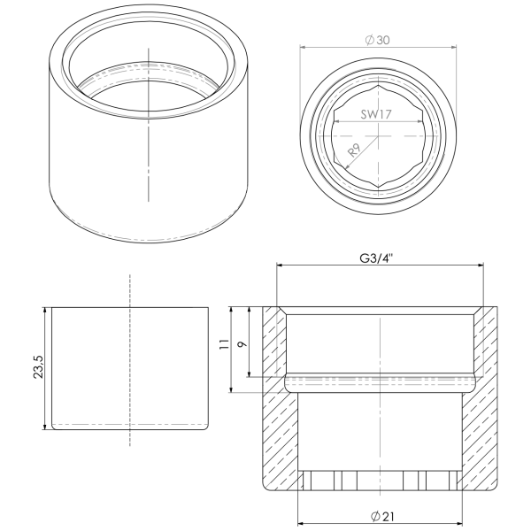 Strahlregler-Hülse 3/4" IG chrom