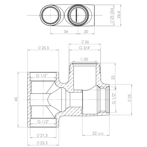 T-Ventilkörper zu Rohr A1-1280 1/2"