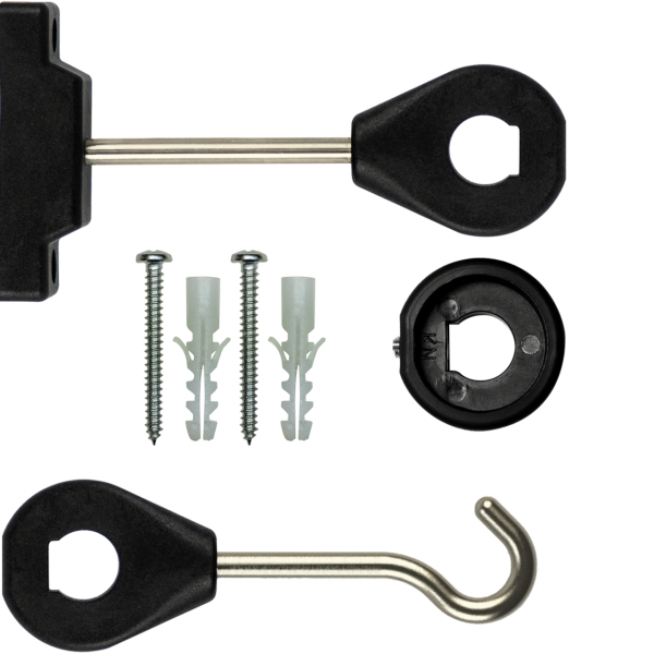 Federhalter, Wandhalter und Brausehaken in schwarz PA66 L120 mm Set mit Schrauben und Dübel